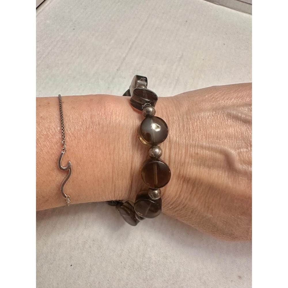 Smoky Quartz Sterling‎ Silver 925 Beaded Toggle Bracelet Brown Stone 8.5 Inch - Picture 2 of 9